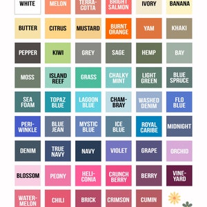 May include: A chart of 60 colour swatches with names for each colour. The colours are arranged in a grid of 6 columns and 10 rows. The colours range from white to black, with shades of red, orange, yellow, green, blue, purple, pink, brown, and grey.