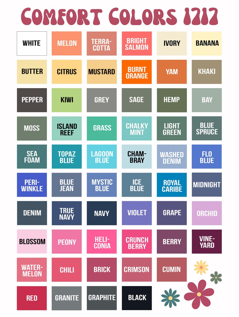 May include: A chart of 60 colour swatches with names for each colour. The colours are arranged in a grid of 6 columns and 10 rows. The colours range from white to black, with shades of red, orange, yellow, green, blue, purple, pink, brown, and grey.