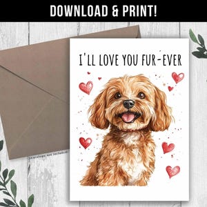 Puede incluir: Una tarjeta de felicitación con una ilustración en acuarela de un perro sonriente de pelo castaño con el texto "I'll Love You Fur-Ever". Acentos de corazón rojo rodean al perro. Se incluye un sobre marrón.