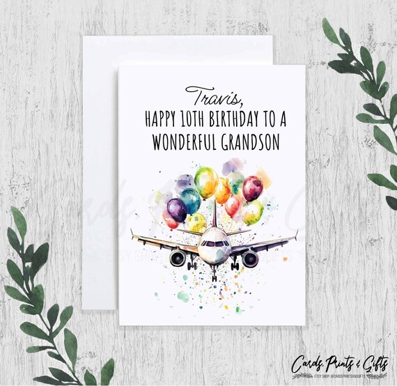 Personalized Airplane Birthday Card, Custom Name and Age Bday Card for Kids Grandson Son Nephew, Aeroplane Flying Jet Card, Plane Lover Gift
