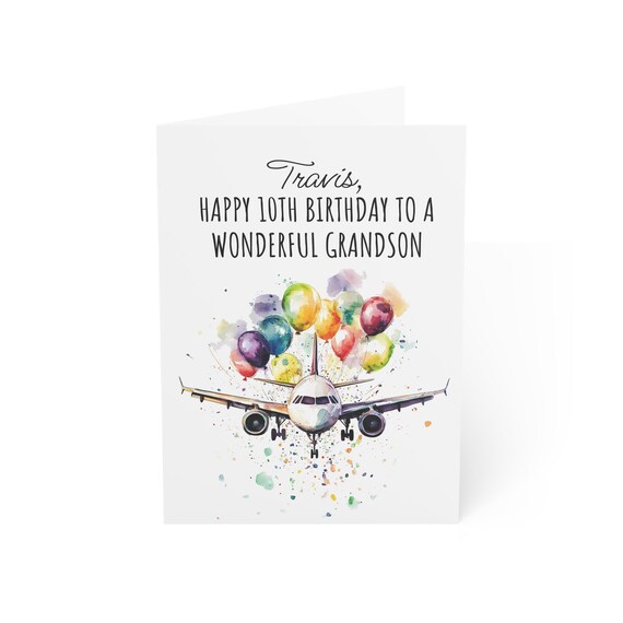 Personalized Airplane Birthday Card, Custom Name and Age Bday Card for Kids Grandson Son Nephew, Aeroplane Flying Jet Card, Plane Lover Gift