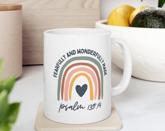 Fearfully and Wonderfully Made Mug, Christian Mug for Women, Retro Rainbow Jesus Mug, Faith Gift, Conservative Womens Mug, Bible Verse Mug