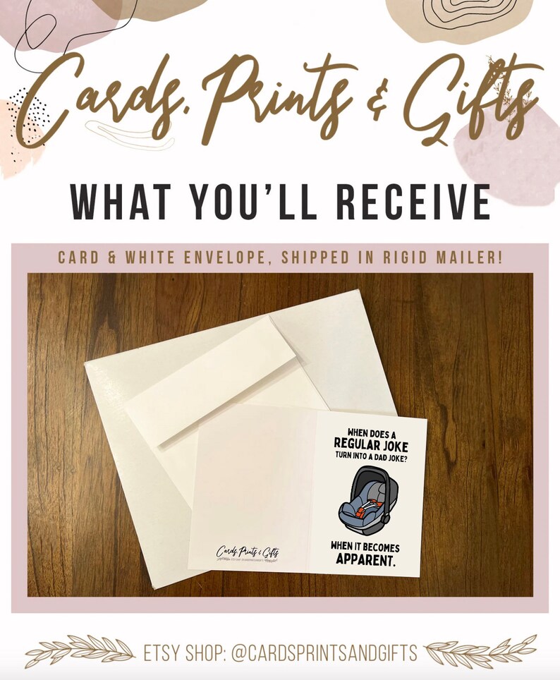 May include: A white card with a blue car seat illustration and the text "When does a regular joke turn into a dad joke? When it becomes apparent." The card is on a wooden surface with a white envelope.