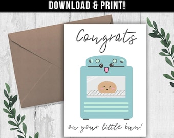 DIGITAL DOWNLOAD Cute Bun in the Oven Pregnancy Congratulations Card. Mom to Be Card. Printable Pregnancy Card. Baby Shower Card for Boy.