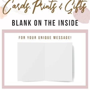 May include: A blank greeting card with a white interior and a brown and pink abstract design on the front. The text "Cards. Prints & Gifts" and "BLANK ON THE INSIDE" is printed on the front of the card. The text "FOR YOUR UNIQUE MESSAGE!" is printed below the card. The text "ETSY SHOP: @CARDSPRINTSANDGIFTS" is printed below the card.