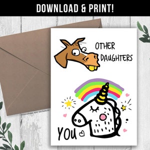 DIGITALER DOWNLOAD Lustige Geburtstagskarte für Tochter. Geburtstagsgeschenk mit Pferd und Einhorn für Tochter. Andere Töchter, Du Geburtstagskarte zum Ausdrucken.