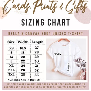 May include: A sizing chart for Bella + Canvas 3001 unisex t-shirts. The chart shows the width and length in inches for sizes XS to 3XL. The chart is illustrated with a white t-shirt.