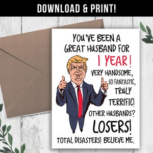 DESCARGA DIGITAL Tarjeta divertida del primer aniversario para el esposo, regalo del primer aniversario para él, un año juntos, divertido aniversario de Trump