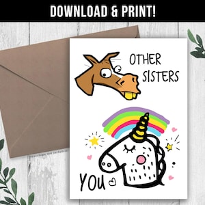 TÉLÉCHARGEMENT NUMÉRIQUE Carte d'anniversaire drôle pour soeur. Cadeau d'anniversaire cheval et licorne pour soeur. Carte d'anniversaire Autres sœurs, vous à imprimer.