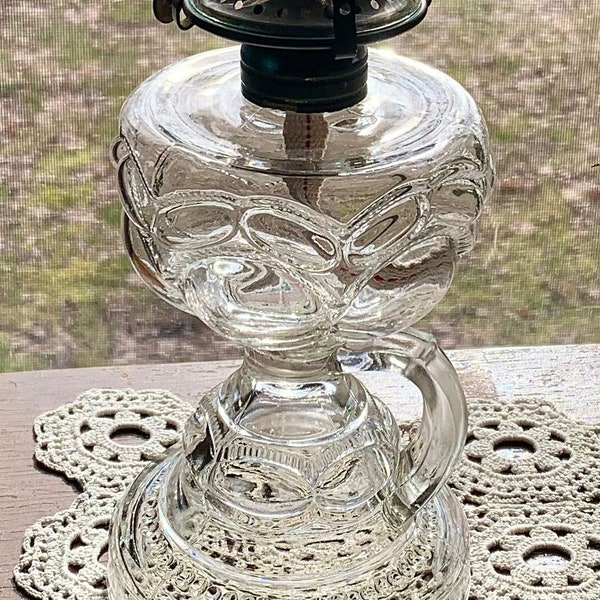 Antique 1890-1910 | Plume & Atwood Manufacturing Co | Clear | EAPG Peanut Pattern | Kerosene/Oil/Hurricane Finger Lamp with Venus Burner