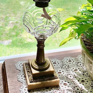 Late 19th Century Victorian Era Heavy Brass Double Wick Oil Lamp and  Removable Glass Shade