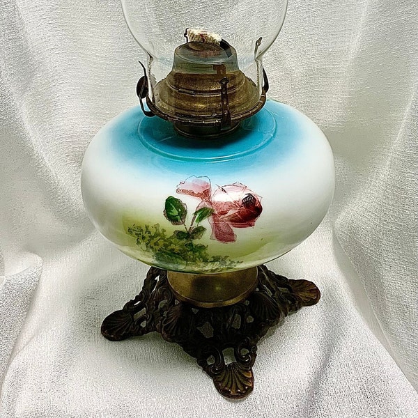 Antique Early 1900s | Fostoria Glass Co. | Victorian Hand Painted Rose Parlor Style | 15 1/4 Inches | Oil Lamp/Hurricane Lamp/Kerosene Lamp