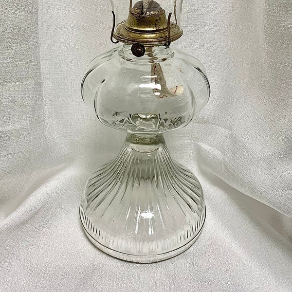 Antique 1900-1920s | Plume & Atwood Mfg. Co. |  Large Clear Eagle Paneled Font | 18" Pedestal Oil Lamp/Hurricane Lamp/Kerosene Lamp