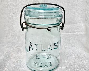 Antique (c.1900-1920s) Hazel Atlas E-Z Seal | Very Pale Blue | 1 Pint (16 oz) | Glass Canning Jar/Lightning Jar/Fruit Jar