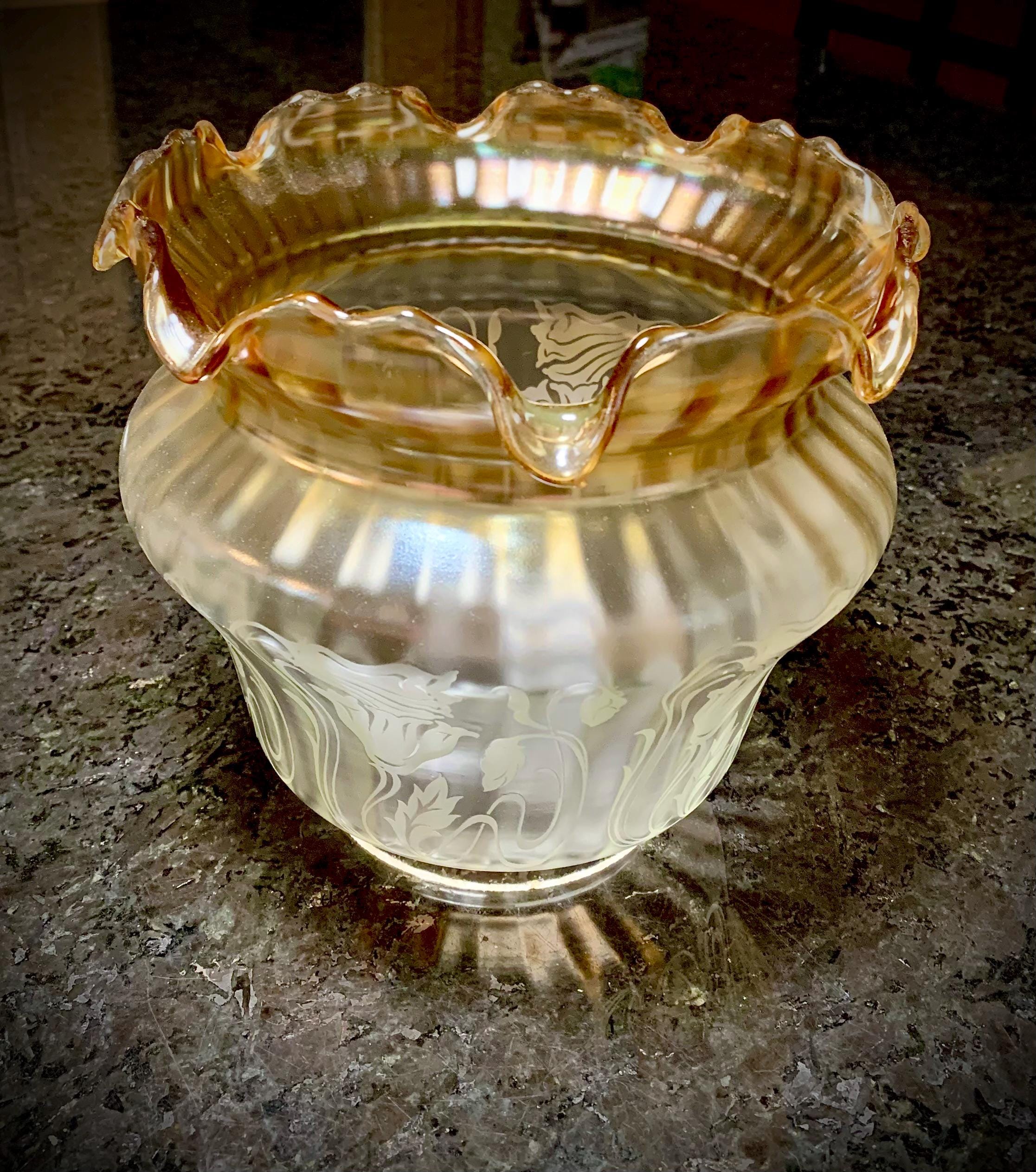 1940s-1950s Vintage | Amber Carnival Glass | Etched Tulip Pattern