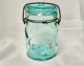 Antique 1890-1910 | Gayner Glass Works "Leotric" | Aqua Blue 1 Pint (16 oz) | Glass Canning Jar/Lightning Jar/Fruit Jar