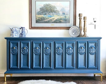 Mcm Blue Media Console Modern Dresser Credenza Vintage Mid-Century Modern Buffet Sideboard  Entryway Media Storage Dining Room Buffet