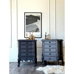 Vintage Black Nightstand Set: Refinished Retro Bedroom Decor with Secret Drawer