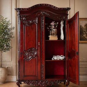 Antique French Wardrobe – Ornate Mahogany Armoire | Linen Cabinet