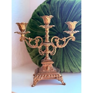 Art Nouveau Bronze Candlestick Holder: Antique Three-Arm Design