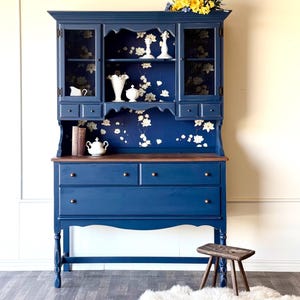 Blue China Hutch: Vintage Display Cabinet, Kitchen Storage