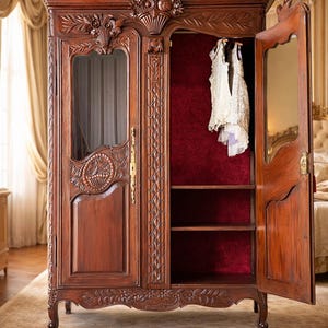 Antique French Wardrobe – Ornate Mahogany Armoire with Beveled Glass