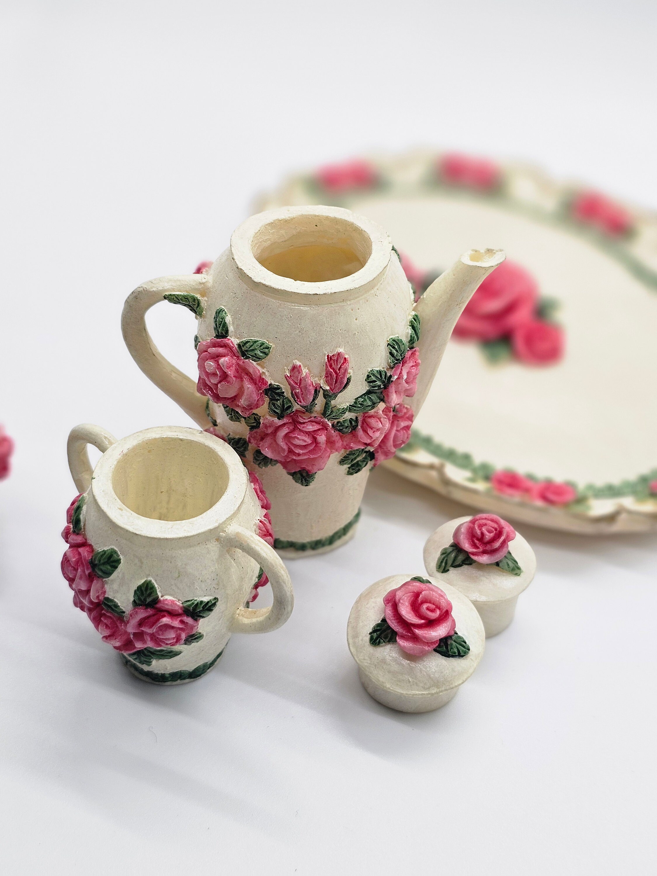 Miniature Floral Tea Set: Fairy Garden Decor, Dollhouse Play - Etsy