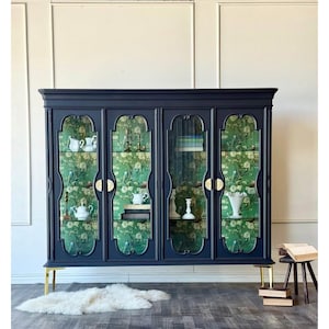 Vintage Black China Hutch: Curio Cabinet Bookcase Display