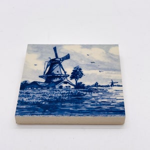 Delft Blue Mini Tile: Hand Painted Windmill Floral, 1970s Holland Decor