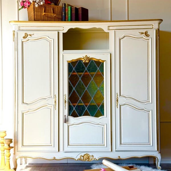 Vintage French Country Wardrobe: Shabby Chic Linen Storage Armoire with Stained Glass
