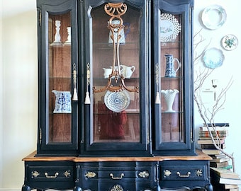 Vintage Farmhouse Curio Cabinet Kitchen Hutch Dining Room Hutch Modern Farmhouse Hutch Black Cabinet Display Cabinet China Hutch