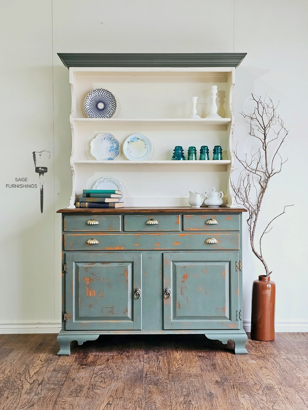 Vintage Country Hutch Maple China Hutch Painted Pantry Coffee