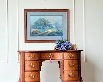 Antique English Tiger Oak Kidney Desk | Dark Walnut Gloss Finish, Solid Oak Furniture
