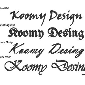 Peut inclure: Échantillons de texte noir des mots "Koomy Design" et "Roomy Desing" dans différentes polices, dont Viner Hand ITC, UnifraturMaguntia, Vladimir Script et Vivaldi Italic. Le texte est affiché sur un fond blanc.
