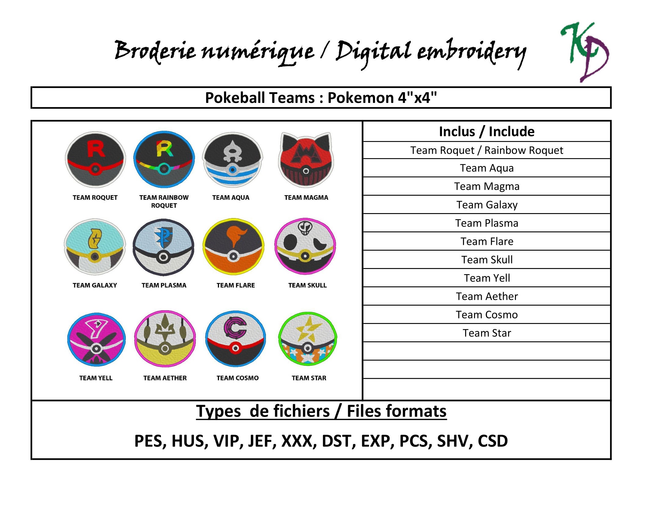 モンスターボールチーム: ポケモン - デジタル刺繍 - 4インチ x 4インチ