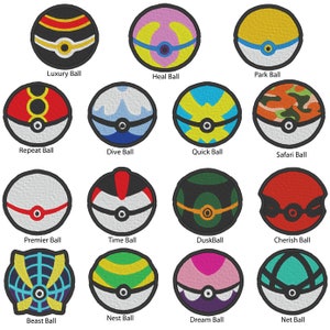 May include: A collection of 15 different Poke Balls, each with a unique design and color scheme. The Poke Balls are arranged in a grid pattern, with the names of each ball written below.