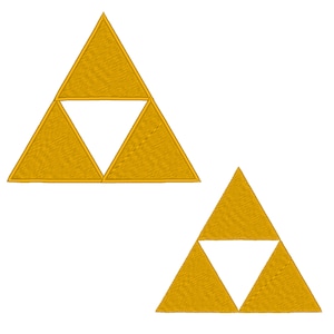 May include: Two gold triangular symbols with a white triangle inside each. The top symbol is larger than the bottom symbol.