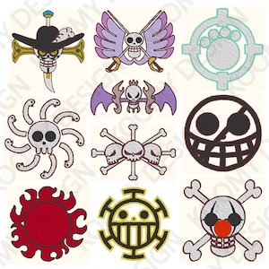 May include: Nine embroidered patches featuring various skull and crossbones designs. The patches are in different colours, including black, white, red, and blue. Some of the patches have wings, a bat, a sun, and a cross.