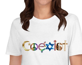 CoExist - multi-flag, colorful short-sleeve Unisex T-Shirt, peace, harmony, live together, love, hope