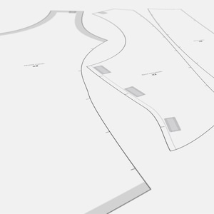 May include: A sewing pattern for a sleeveless top with two pieces: a front panel and a back side panel. The pattern includes markings for sewing and cutting.