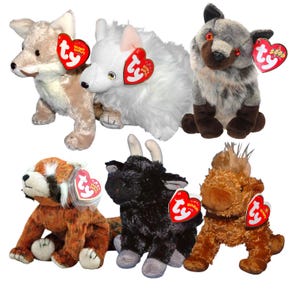 May include: A collection of six plush animal toys, including a fox, wolf, and yak. Each toy has a tag attached. The toys are various colors, including brown, white, and black. The toys are designed to look like real animals.