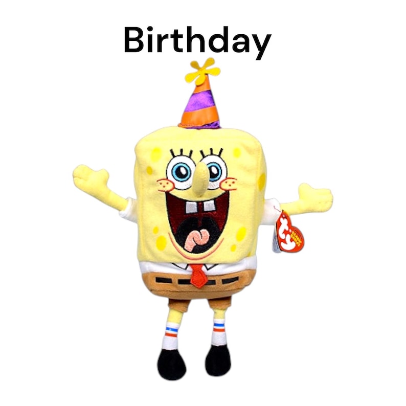 Peut inclure: Peluche jaune de Bob l'&eacute;ponge avec un chapeau de f&ecirc;te et une cravate rouge. Le mot "Birthday" est &eacute;crit au-dessus de la peluche. La peluche a une &eacute;tiquette attach&eacute;e.
