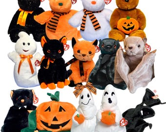 May include: A collection of Halloween-themed plush toys, including bears, cats, bats, and ghosts. The toys feature orange, black, and white colors, with some holding pumpkins or wearing scarves. Each toy has a tag.