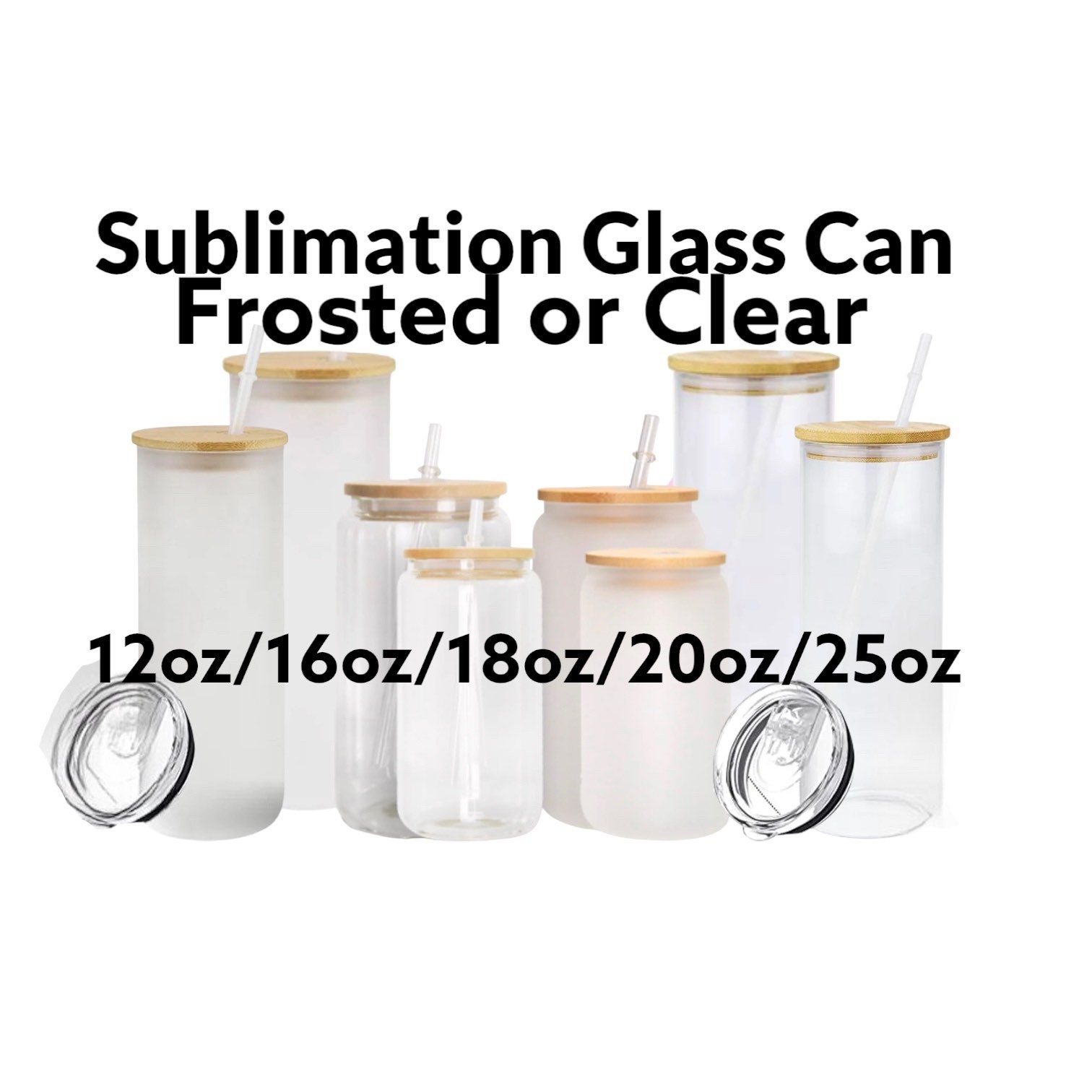 8/12 Pack Sublimation Glass Cups with Bamboo Lid Frosted Glass Beer