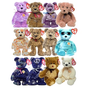 May include: A collection of Ty Beanie Baby plush bears in various colors, including purple, brown, and blue. Each bear has a tag attached to its ear. Some bears have accessories like sunglasses or ribbons.