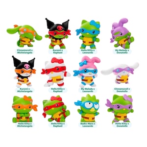 May include: A selection of vibrant figurines, including Hello Kitty, Kuromi, and Cinnamoroll, styled as Teenage Mutant Ninja Turtles. The figures are in different poses and colours, with text labels identifying each character. Measurements are not applicable.