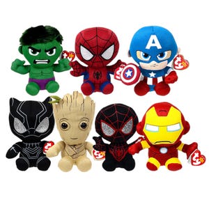 May include: A collection of plush superhero figures, including Hulk, Spider-Man, Captain America, Black Panther, Groot, Miles Morales Spider-Man, and Iron Man. Each figure features vibrant colors and iconic character details, perfect for fans.