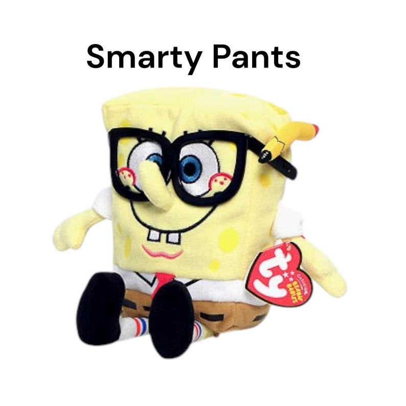 Peut inclure: Peluche SpongeBob SquarePants jaune avec des lunettes noires et un crayon. Le jouet porte une &eacute;tiquette c&oelig;ur rouge Ty et le texte "Smarty Pants". Le jouet est jaune, blanc, noir et marron.