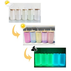 16oz 3 IN 1 UV Color Change AND Glow In The Dark Sublimation Glass Can Tumbler With Bamboo Lid