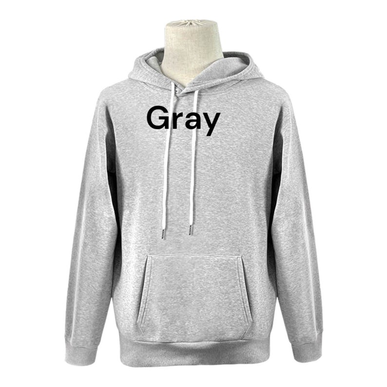 May include: Gray hooded sweatshirt with a front pocket and white drawstrings.